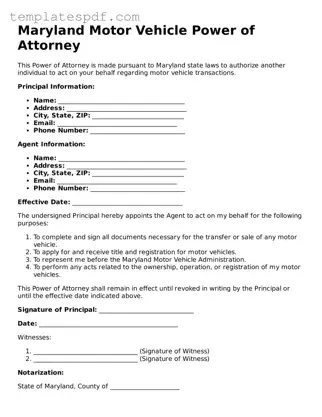 Official  Motor Vehicle Power of Attorney Form for Maryland
