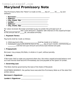 Official  Promissory Note Form for Maryland