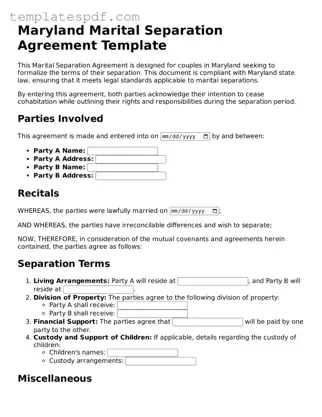 Official  Marital Separation Agreement Form for Maryland