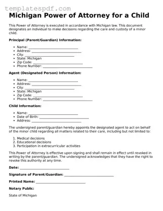 Official  Power of Attorney for a Child Form for Michigan