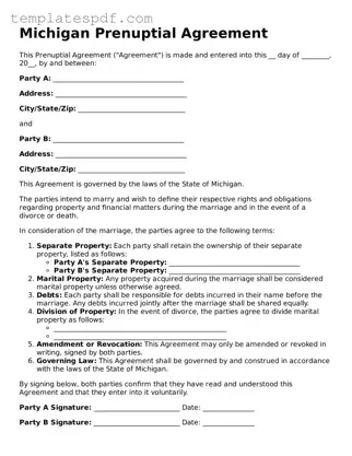 Official  Prenuptial Agreement Form for Michigan