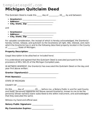 Official  Quitclaim Deed Form for Michigan