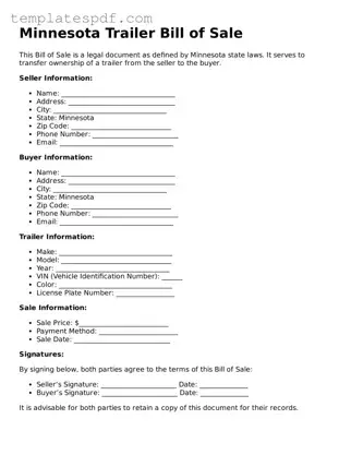 Official  Trailer Bill of Sale Form for Minnesota