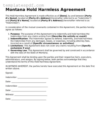 Official  Hold Harmless Agreement Form for Montana