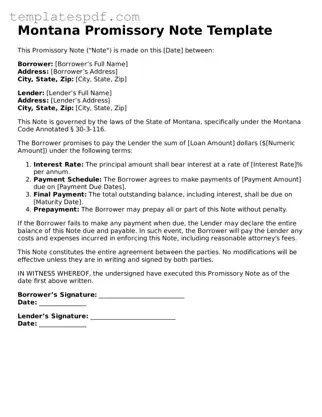 Official  Promissory Note Form for Montana