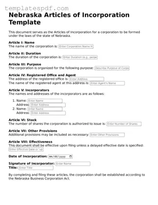Official  Articles of Incorporation Form for Nebraska