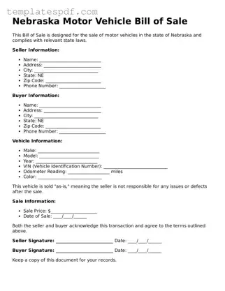 Official  Motor Vehicle Bill of Sale Form for Nebraska