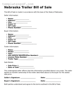 Official  Trailer Bill of Sale Form for Nebraska