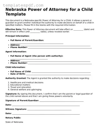 Official  Power of Attorney for a Child Form for Nebraska
