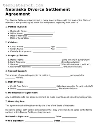 Official  Divorce Settlement Agreement Form for Nebraska