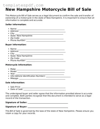 Official  Motorcycle Bill of Sale Form for New Hampshire
