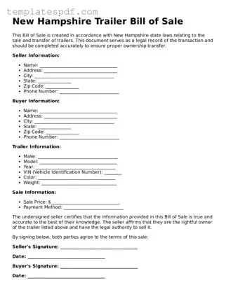 Official  Trailer Bill of Sale Form for New Hampshire
