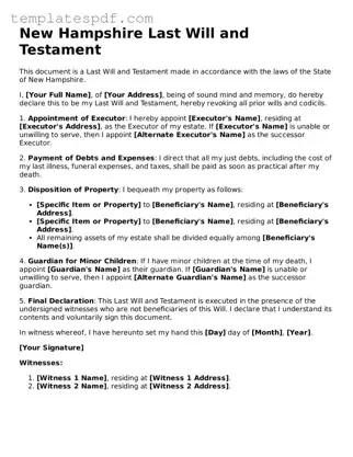 Official  Last Will and Testament Form for New Hampshire