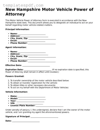 Official  Motor Vehicle Power of Attorney Form for New Hampshire