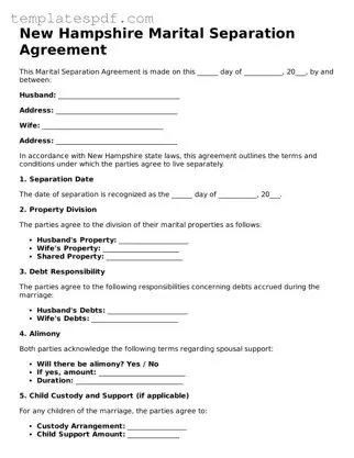 Official  Marital Separation Agreement Form for New Hampshire