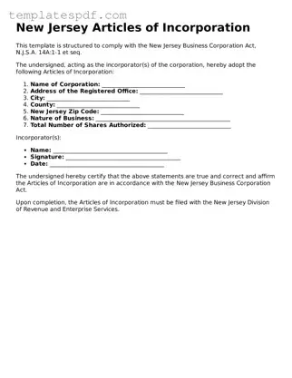 Official  Articles of Incorporation Form for New Jersey