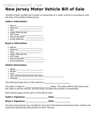 Official  Motor Vehicle Bill of Sale Form for New Jersey