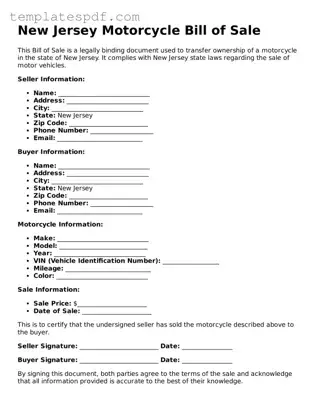 Official  Motorcycle Bill of Sale Form for New Jersey