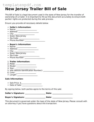 Official  Trailer Bill of Sale Form for New Jersey