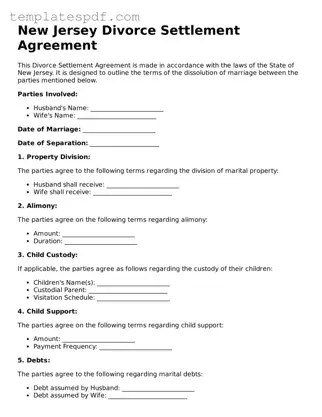 Official  Divorce Settlement Agreement Form for New Jersey