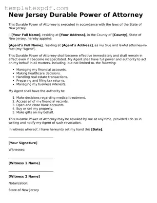 Official  Durable Power of Attorney Form for New Jersey