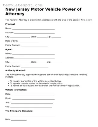 Official  Motor Vehicle Power of Attorney Form for New Jersey