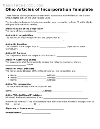 Official  Articles of Incorporation Form for Ohio