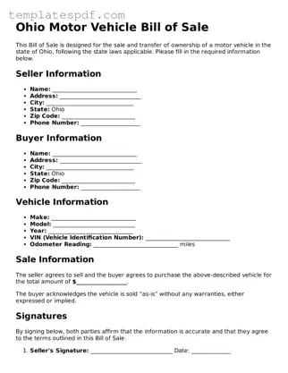 Official  Motor Vehicle Bill of Sale Form for Ohio