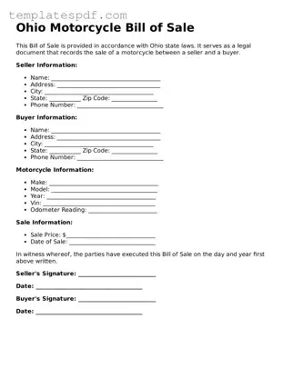 Official  Motorcycle Bill of Sale Form for Ohio