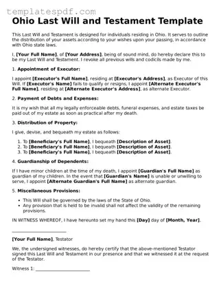 Official  Last Will and Testament Form for Ohio