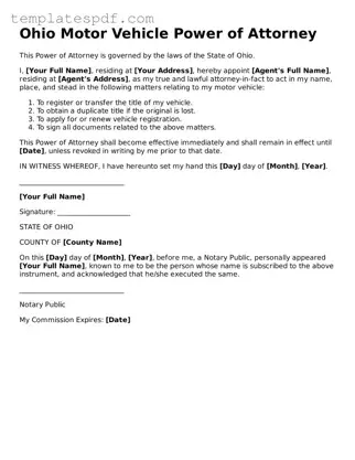 Official  Motor Vehicle Power of Attorney Form for Ohio