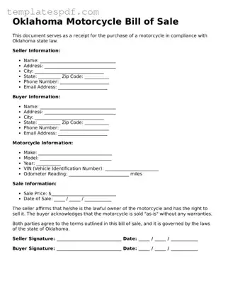 Official  Motorcycle Bill of Sale Form for Oklahoma