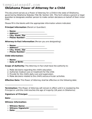 Official  Power of Attorney for a Child Form for Oklahoma
