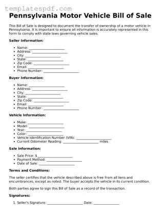 Official  Motor Vehicle Bill of Sale Form for Pennsylvania