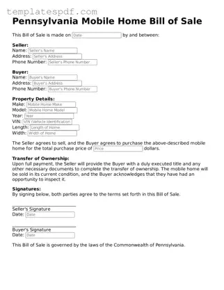 Official  Mobile Home Bill of Sale Form for Pennsylvania