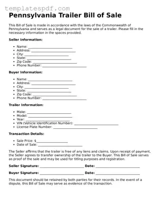 Official  Trailer Bill of Sale Form for Pennsylvania