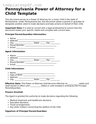 Official  Power of Attorney for a Child Form for Pennsylvania