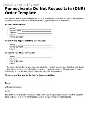 Official  Do Not Resuscitate Order Form for Pennsylvania