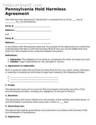 Official  Hold Harmless Agreement Form for Pennsylvania