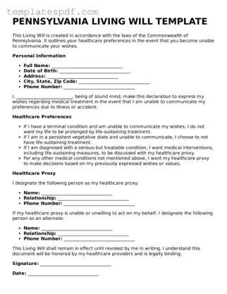 Official  Living Will Form for Pennsylvania