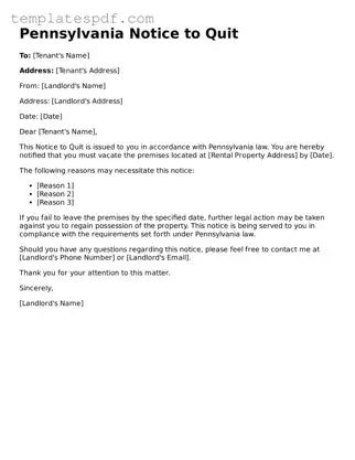 Official  Notice to Quit Form for Pennsylvania