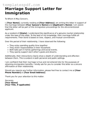 Printable Marriage Support Letter for Immigration Form