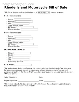 Official  Motorcycle Bill of Sale Form for Rhode Island