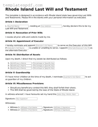 Official  Last Will and Testament Form for Rhode Island
