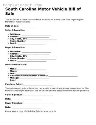 Official  Motor Vehicle Bill of Sale Form for South Carolina