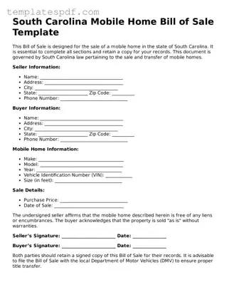 Official  Mobile Home Bill of Sale Form for South Carolina