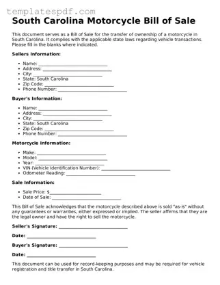 Official  Motorcycle Bill of Sale Form for South Carolina