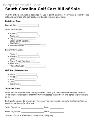 Official  Golf Cart Bill of Sale Form for South Carolina