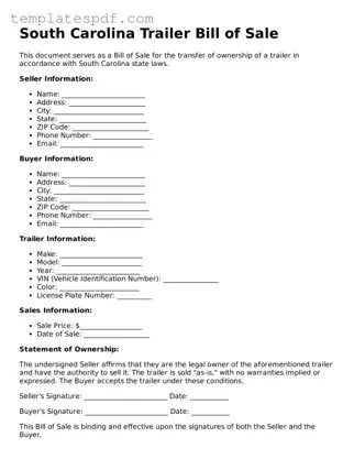 Official  Trailer Bill of Sale Form for South Carolina