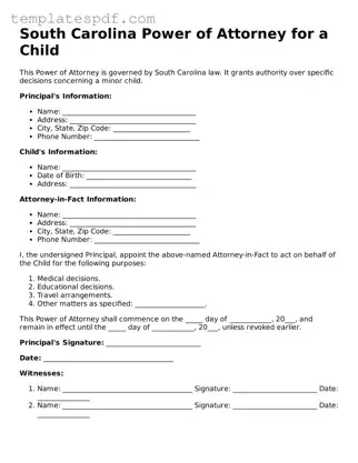 Official  Power of Attorney for a Child Form for South Carolina